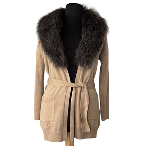Banana Republic Tan Knit Open Cardigan Sweater with Removable Faux Fur Trim